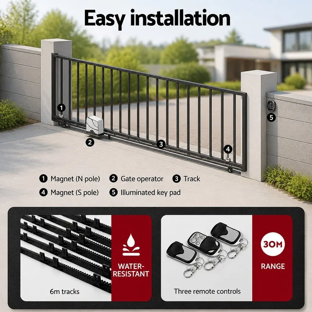 Automatic Sliding Gate Opener Black 6M 600KG Solar Powered with Remote Control
