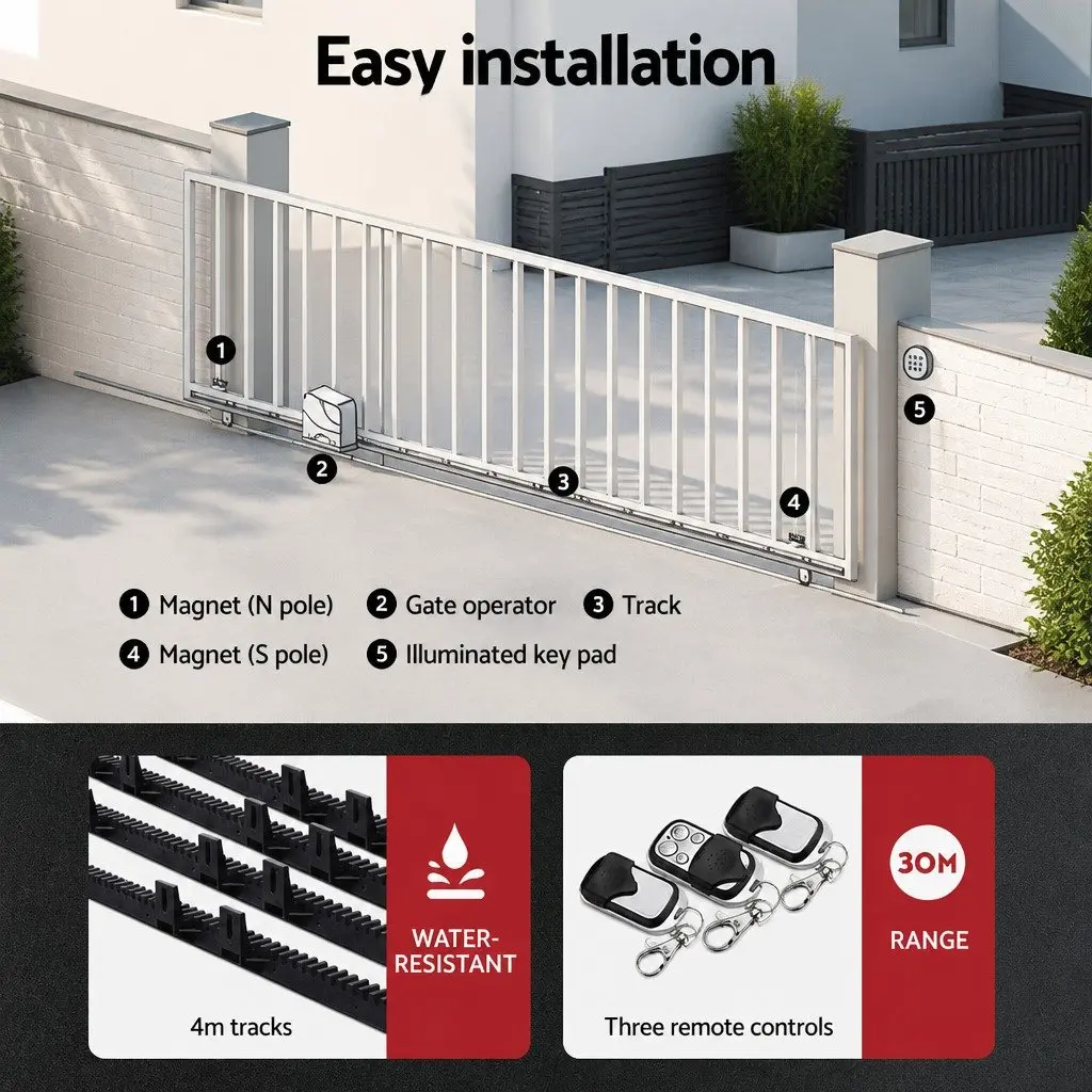 Automatic Sliding Gate Opener Kit Black 4M Solar Powered Remote Control