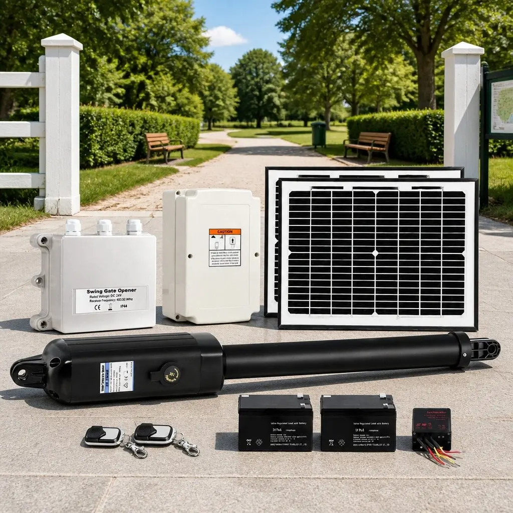 Solar Gate Opener Black Automatic Control Remote Arm Kit for Single Swing Gates up to 500kg with Programmable Auto-Close and Obstruction Detection