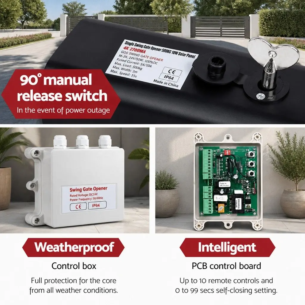 Solar Powered Gate Opener White 500KG Automatic Remote Control with Obstruction Detection