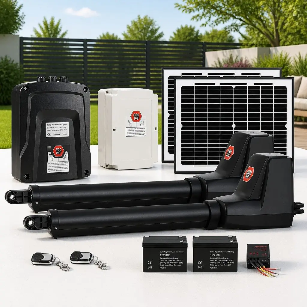 Solar Powered Gate Opener Black 800kg Dual Swing Remote Control