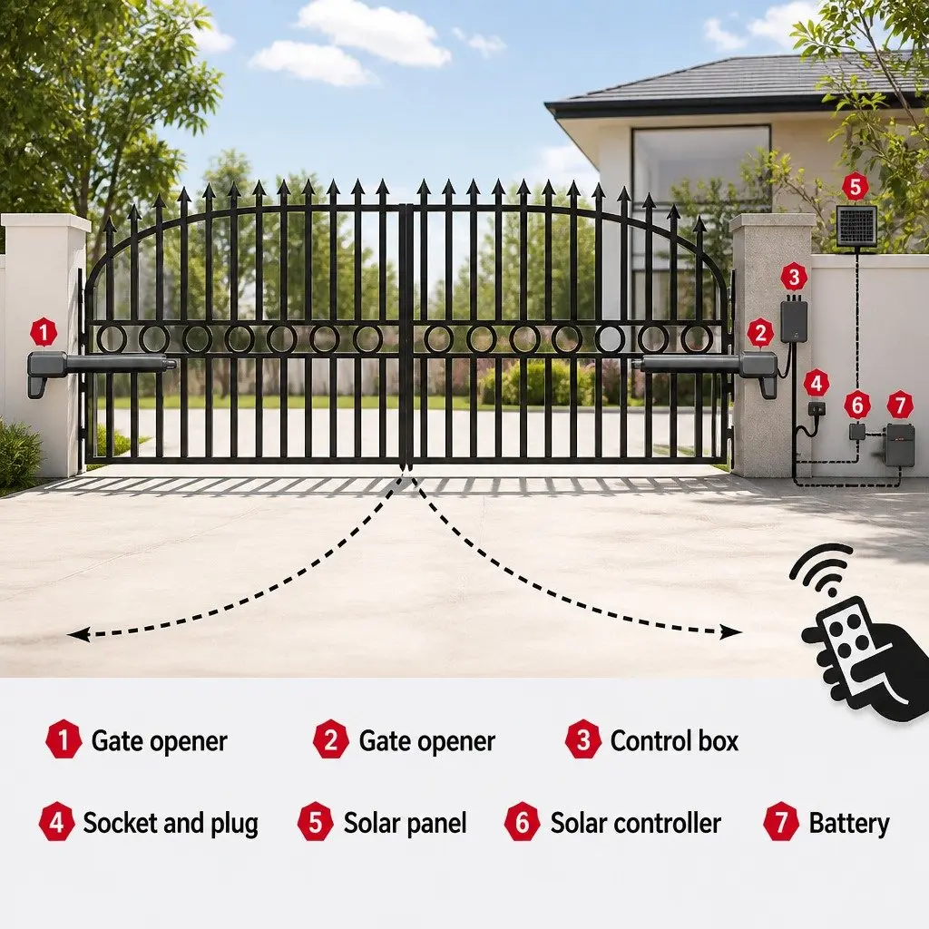 Solar Powered Gate Opener Black 800kg Dual Swing Remote Control