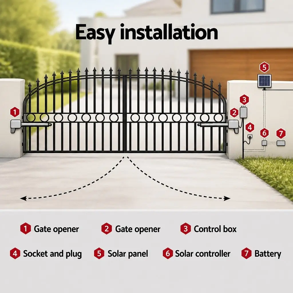 Solar Powered Gate Opener Black 800kg Automatic Remote Control System