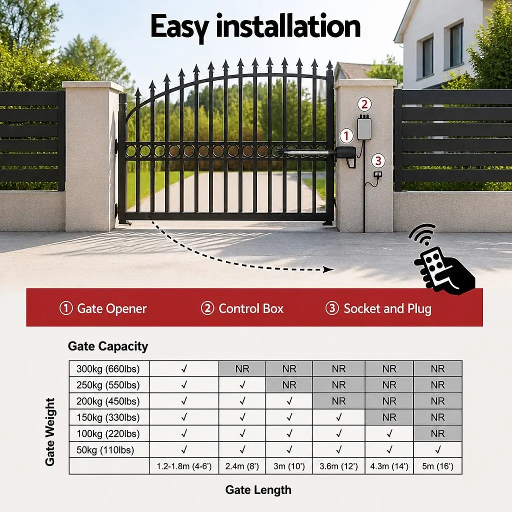 Solar Powered Automatic Gate Opener 20W Single Swing Remote Control Weather Resistant for Gates Up to 300kg and 5m with Gentle Start and Obstruction