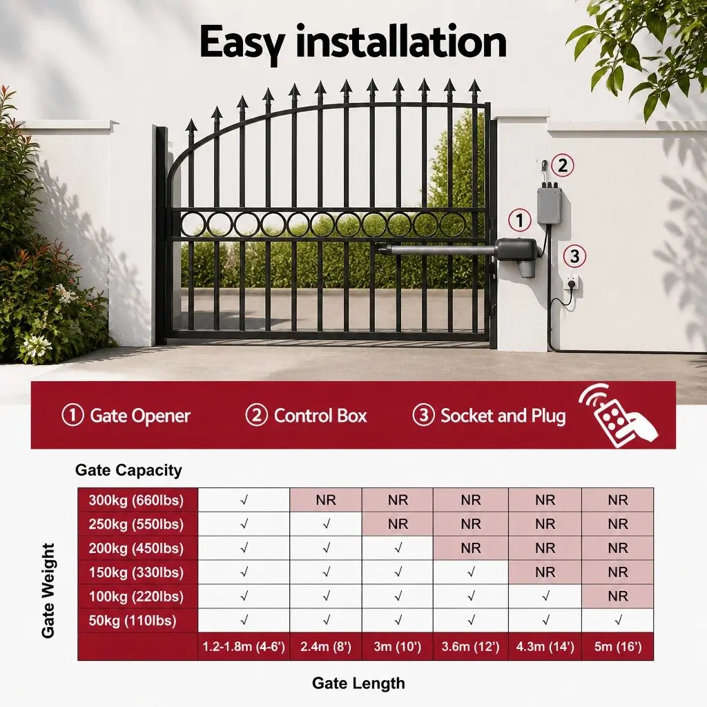 Solar Powered Automatic Gate Opener Black 40W Heavy Duty Electric Single Swing Control