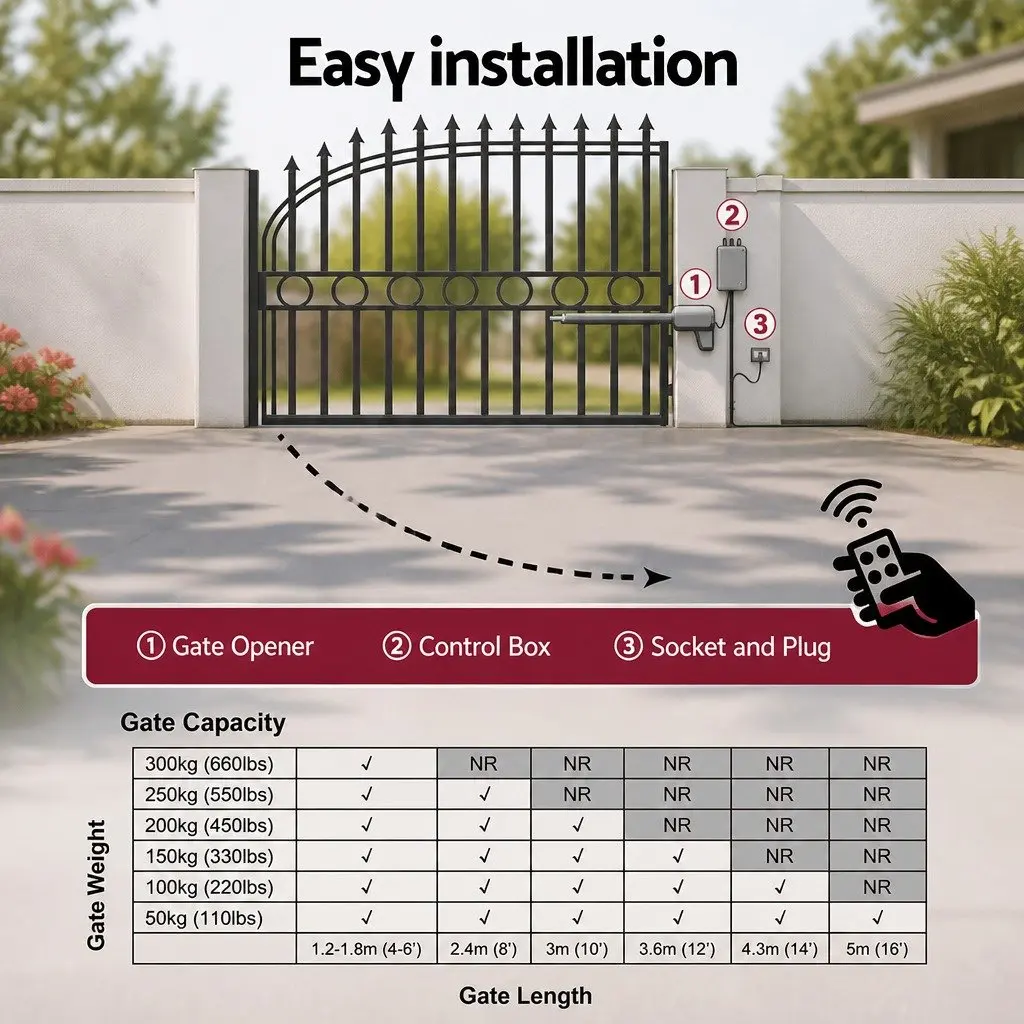 Solar Powered Automatic Gate Opener Black 10W Single Swing Control System with Programmable Auto-Close and Obstruction Detection
