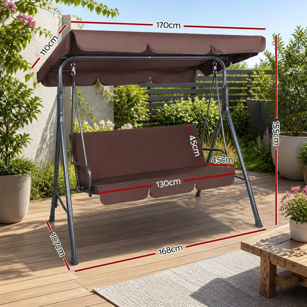 Outdoor Swing Chair Dark Brown Three Seater Adjustable Canopy Garden Furniture