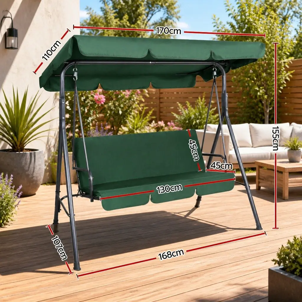 Outdoor Swing Chair 3 Seater Garden Bench Canopy Furniture Dark Green