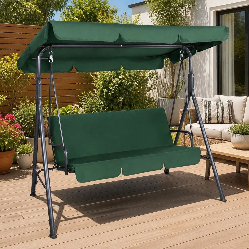 Outdoor Swing Chair 3 Seater Garden Bench Canopy Furniture Dark Green