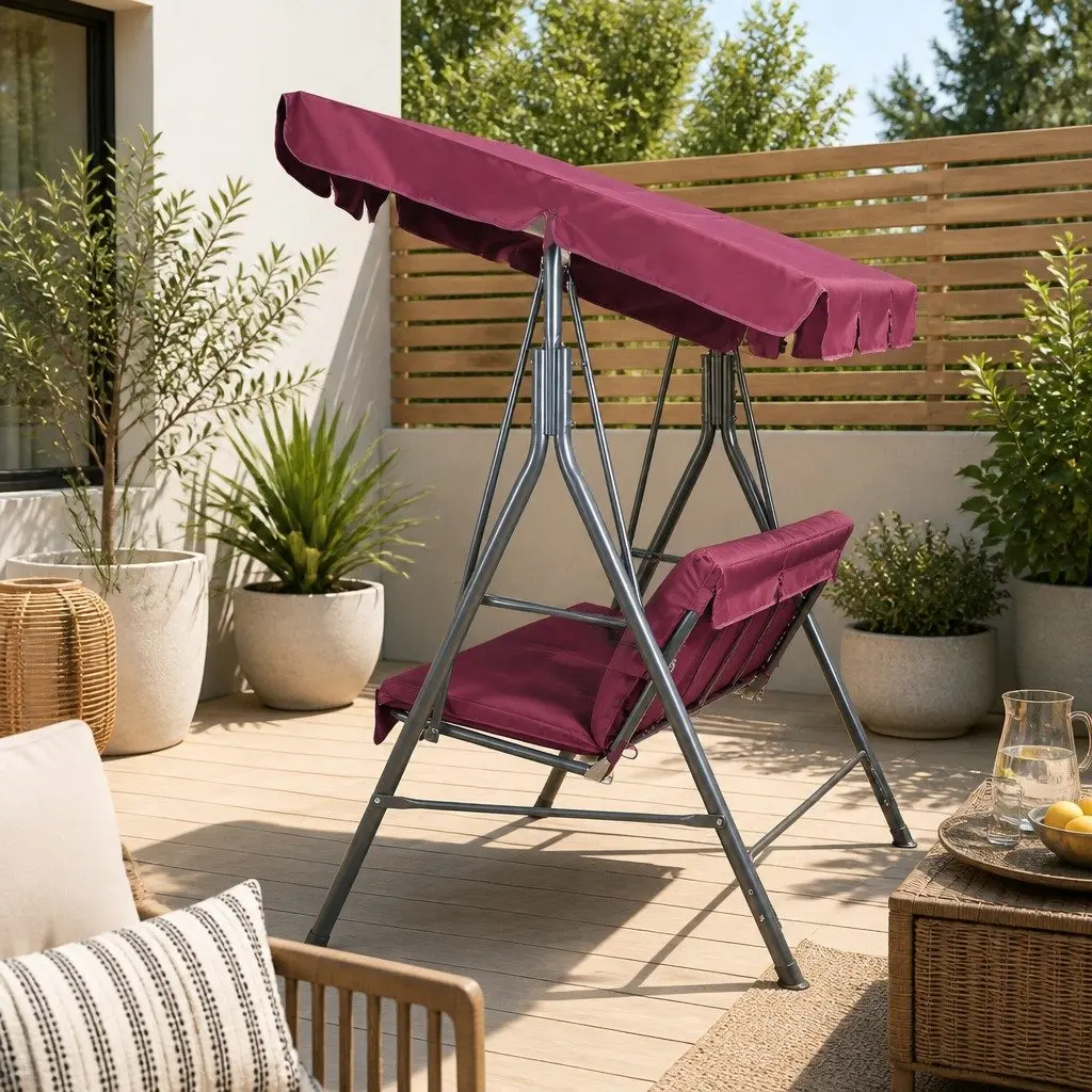 Outdoor Swing Chair Wine Red 3 Seater Adjustable Canopy Garden Bench