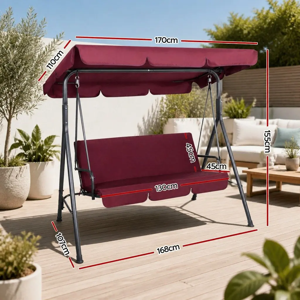 Outdoor Swing Chair Wine Red 3 Seater Adjustable Canopy Garden Bench
