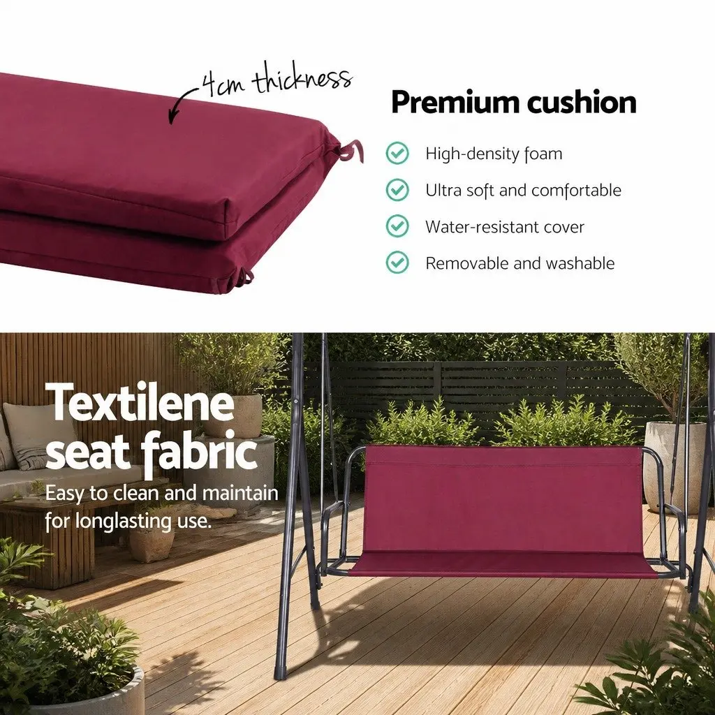 Outdoor Swing Chair Wine Red 3 Seater Adjustable Canopy Garden Bench