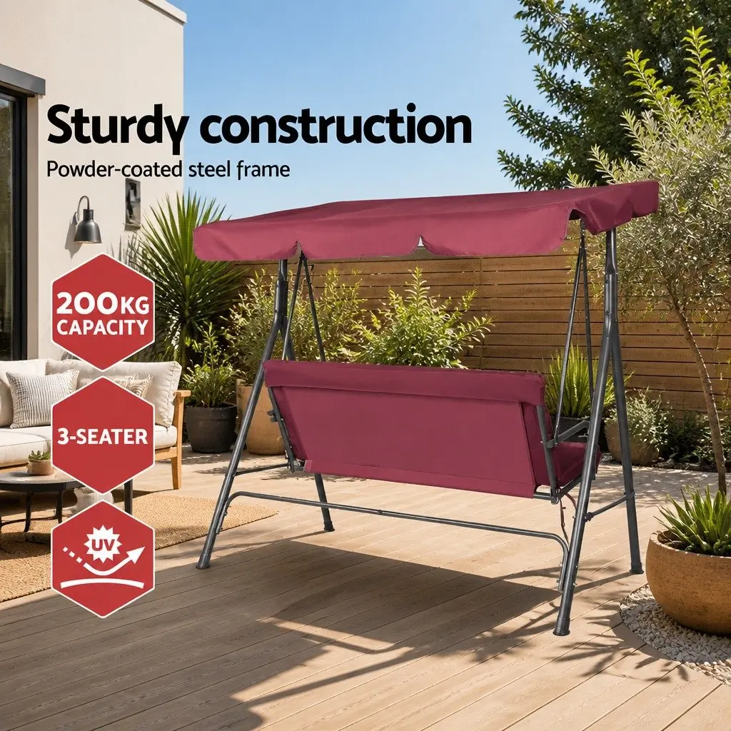 Outdoor Swing Chair Wine Red 3 Seater Adjustable Canopy Garden Bench