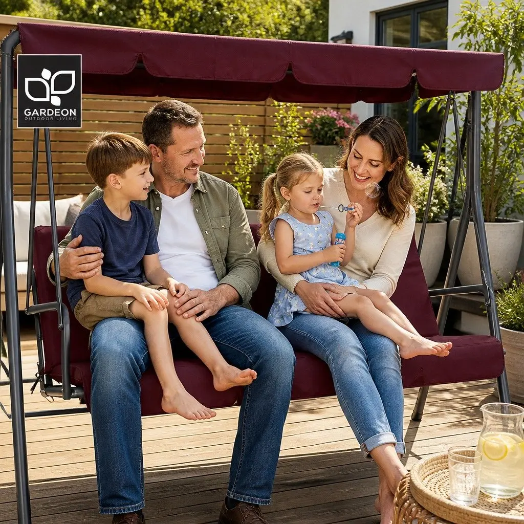 Outdoor Swing Chair Wine Red 3 Seater Adjustable Canopy Garden Bench