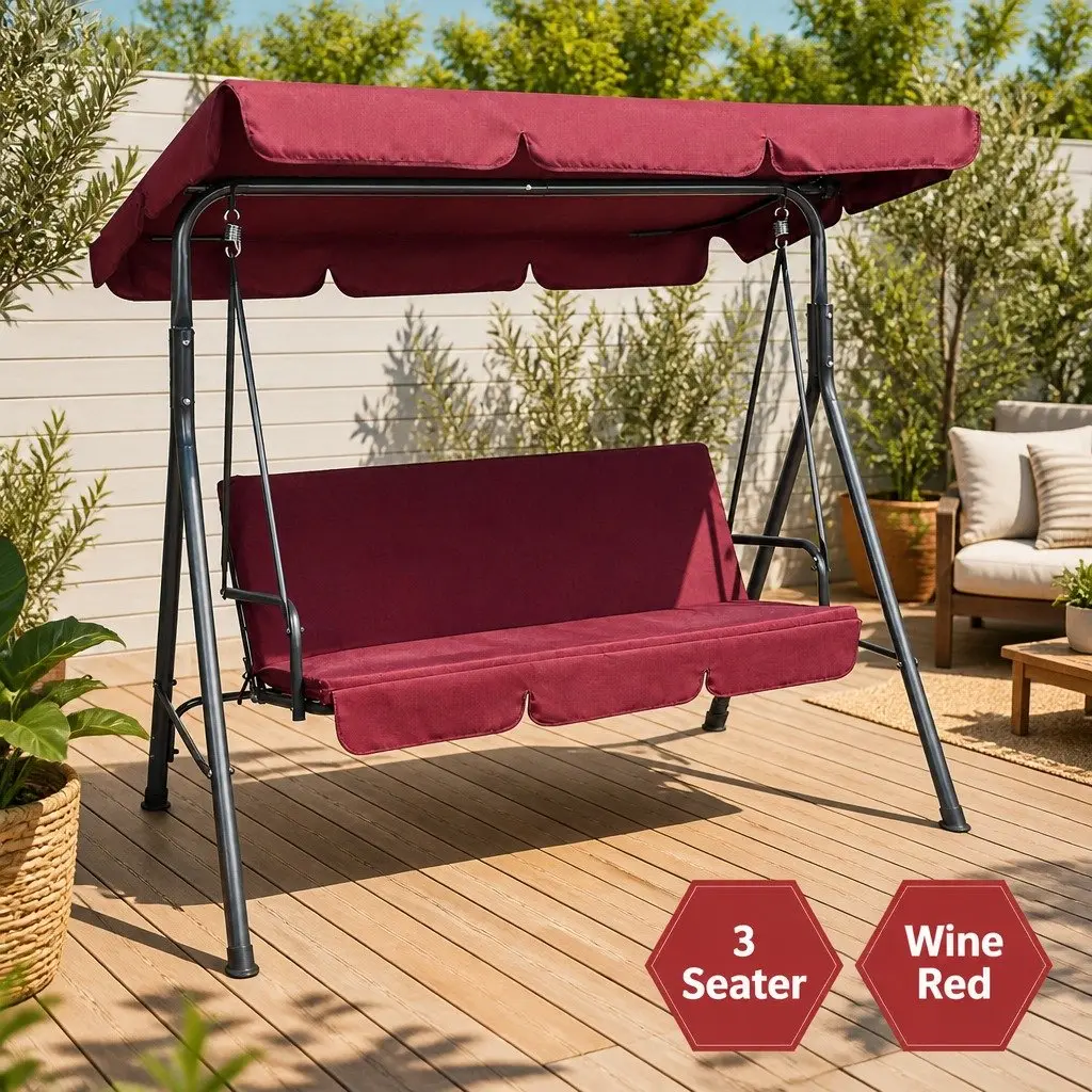 Outdoor Swing Chair Wine Red 3 Seater Adjustable Canopy Garden Bench