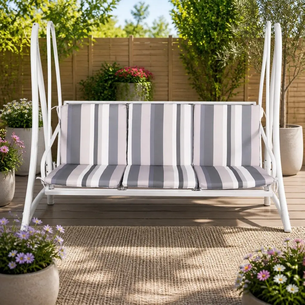 Outdoor Swing Chair Grey 3 Seater Adjustable Canopy Water-resistant Powder-coated Steel Frame