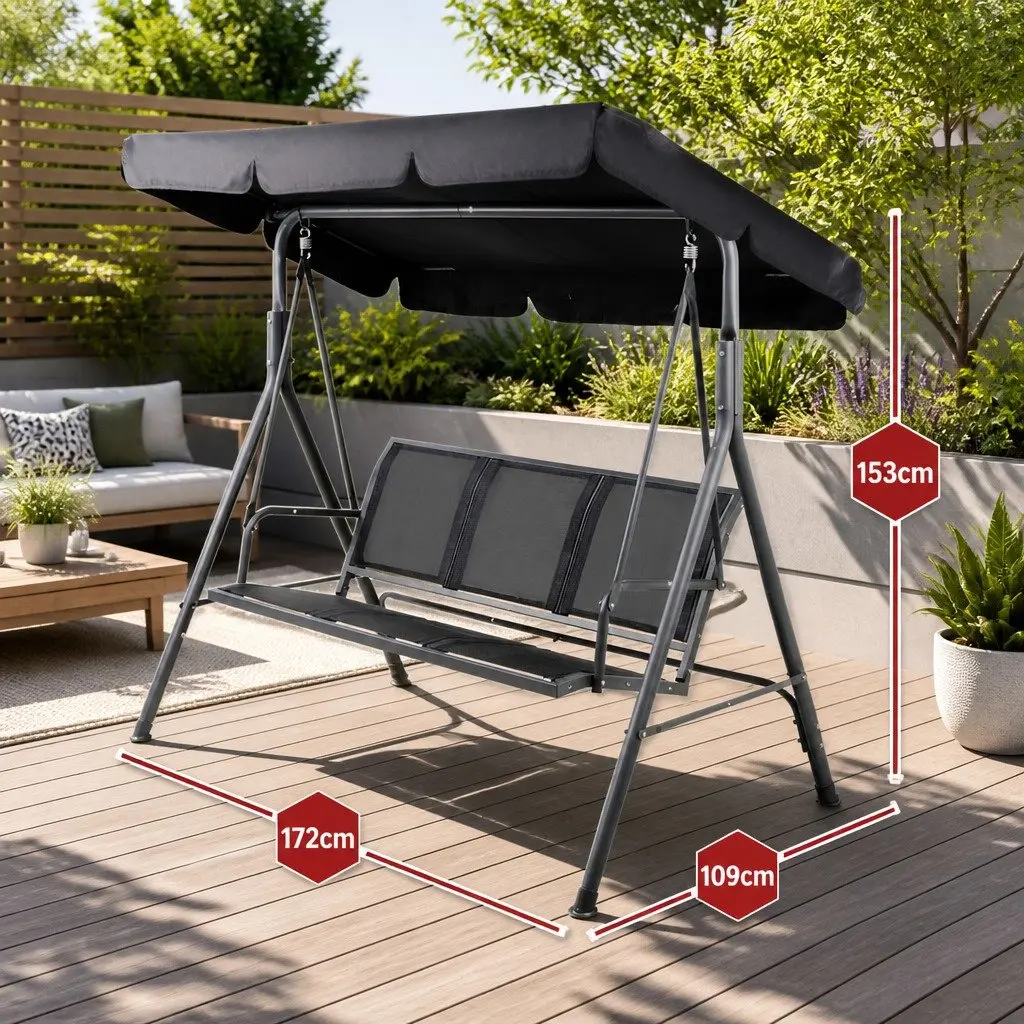 Outdoor Swing Chair 3 Seater Garden Bench Canopy Furniture Black Adjustable