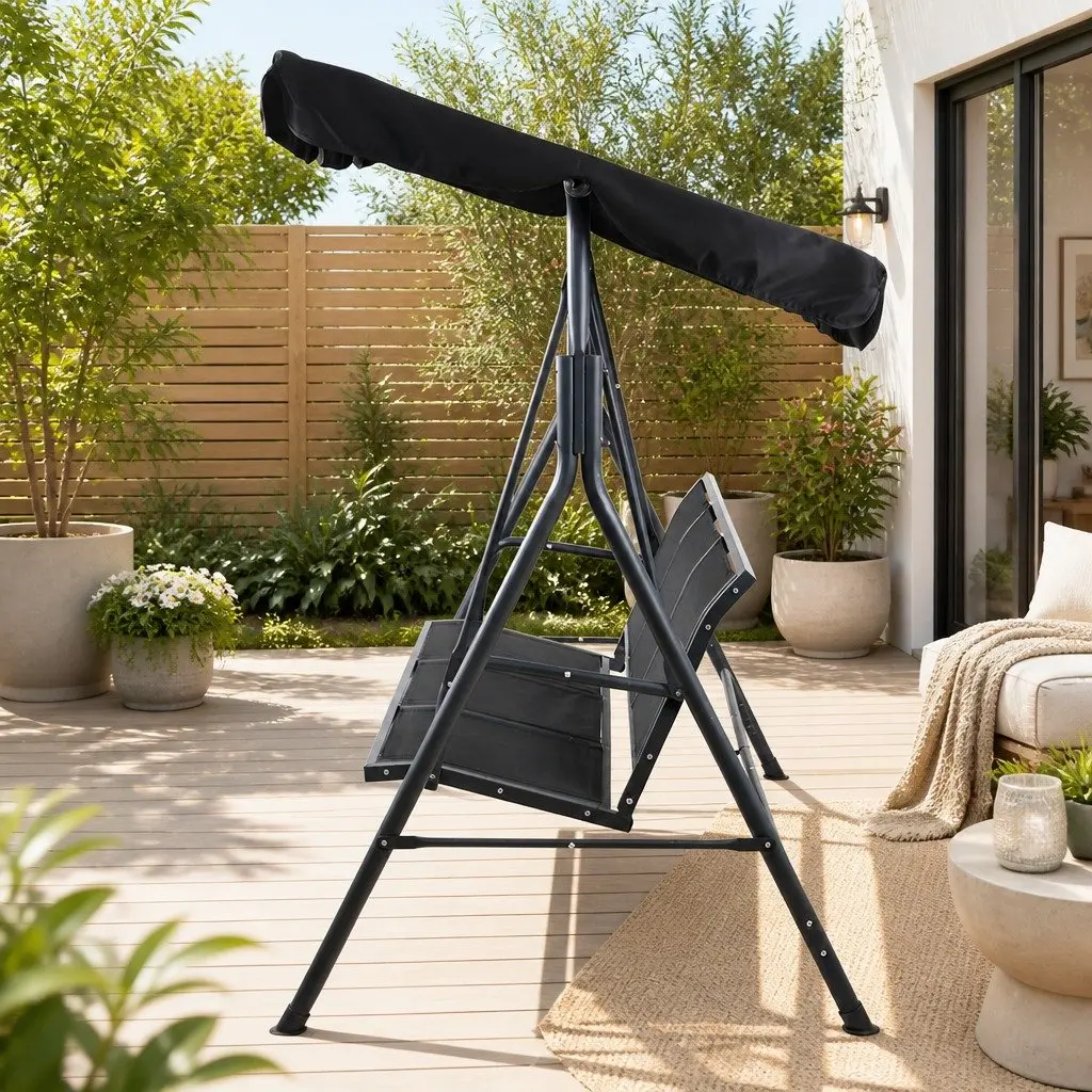 Outdoor Swing Chair 3 Seater Garden Bench Canopy Furniture Black Adjustable