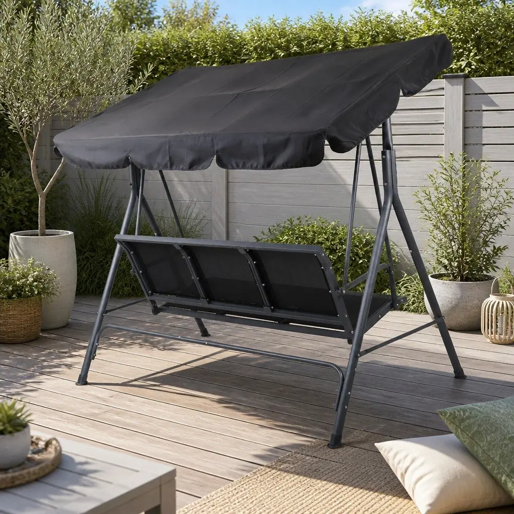 Outdoor Swing Chair 3 Seater Garden Bench Canopy Furniture Black Adjustable