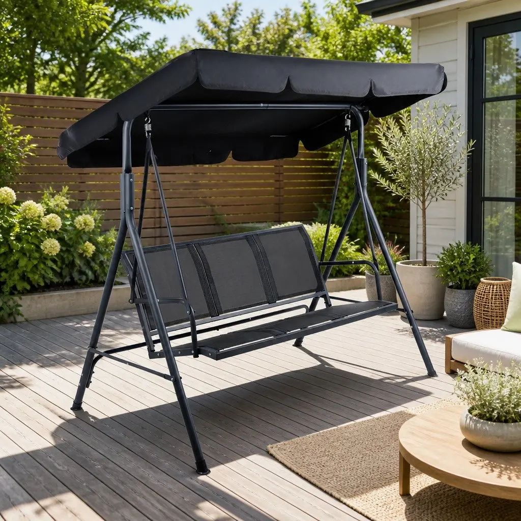 Outdoor Swing Chair 3 Seater Garden Bench Canopy Furniture Black Adjustable