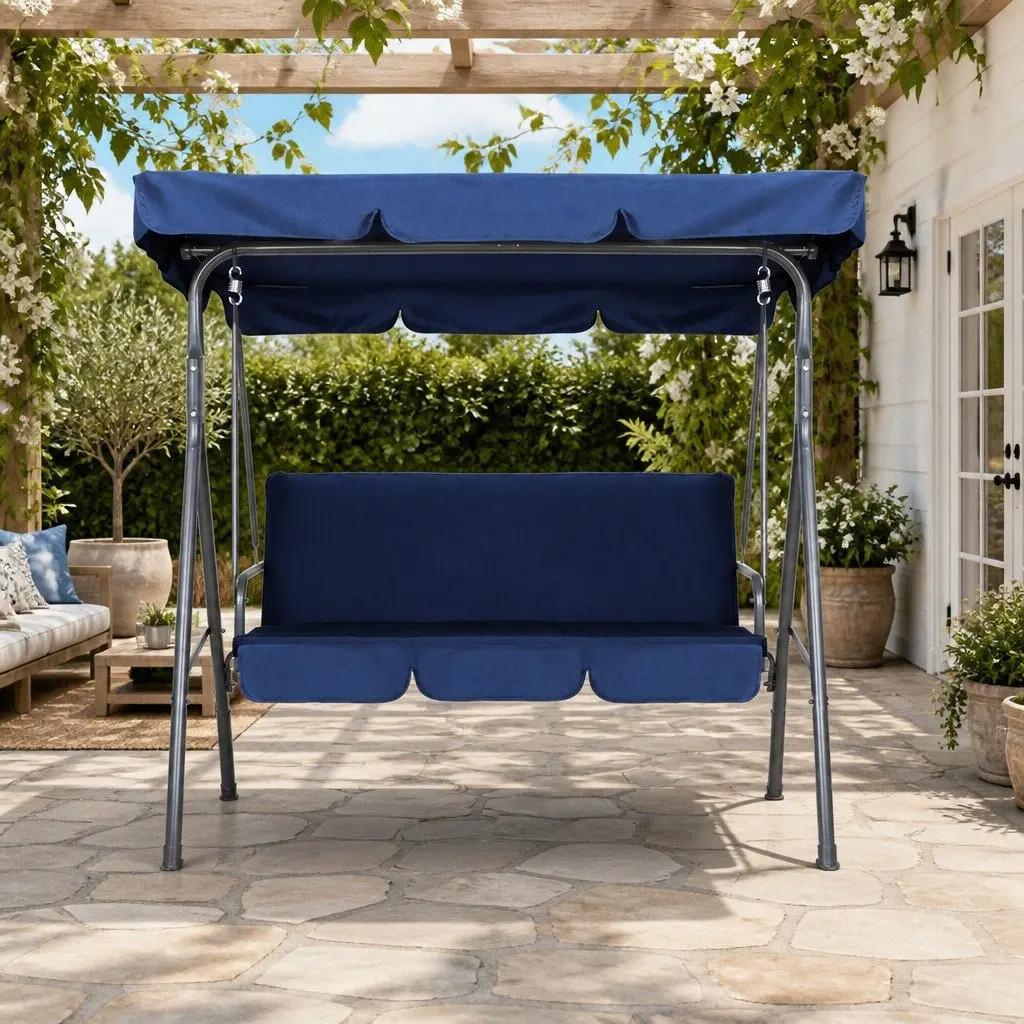 3 Seater Outdoor Swing Chair Garden Canopy Bench Furniture Navy Blue