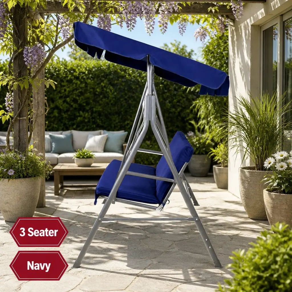 3 Seater Outdoor Swing Chair Garden Canopy Bench Furniture Navy Blue