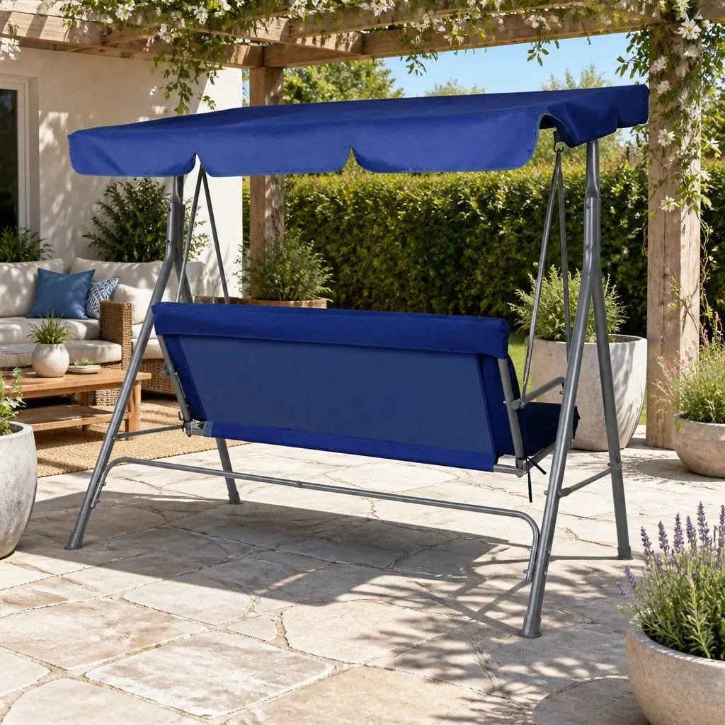 3 Seater Outdoor Swing Chair Garden Canopy Bench Furniture Navy Blue