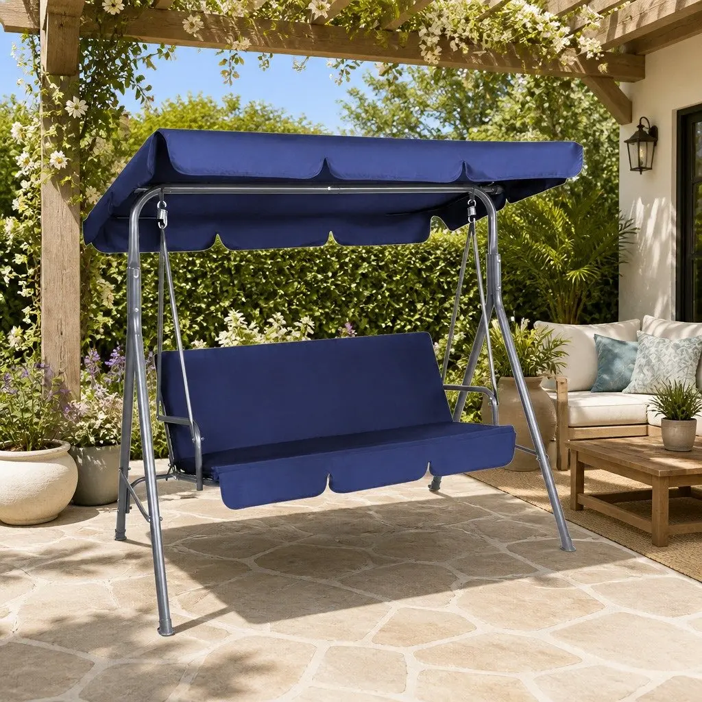3 Seater Outdoor Swing Chair Garden Canopy Bench Furniture Navy Blue