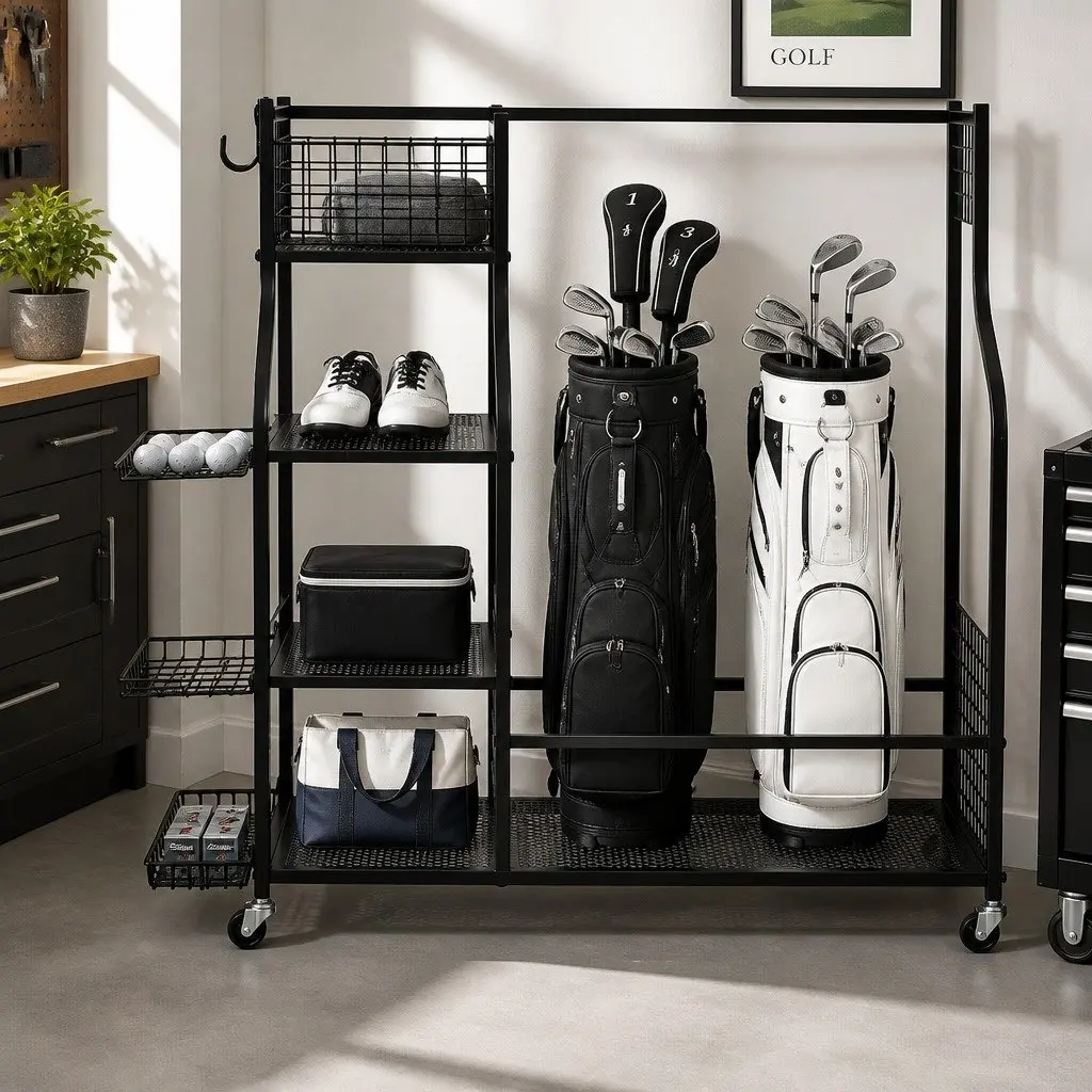 Golf Bag Storage Rack Black Mobile Organizer with Wheels Shelves Club Display Stand