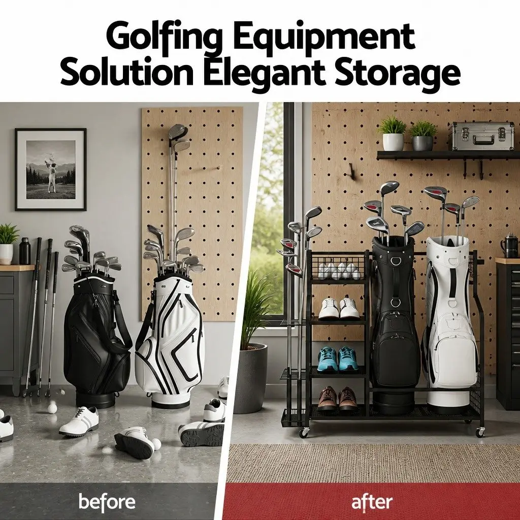 Golf Bag Storage Rack Black Mobile Organizer with Wheels Shelves Club Display Stand