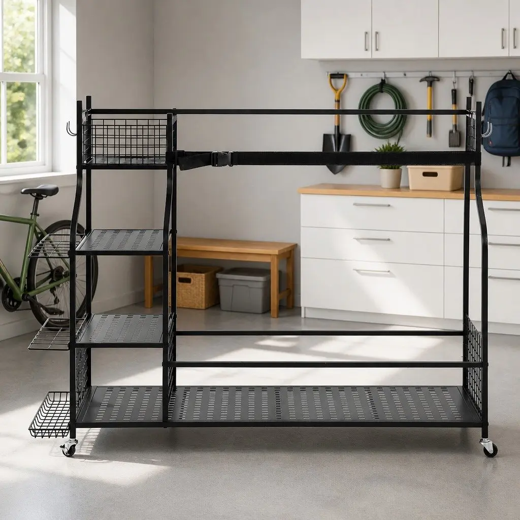 Golf Storage Organizer Black Metal 3 Bag Rack with Wheels Shelves Club Display Stand