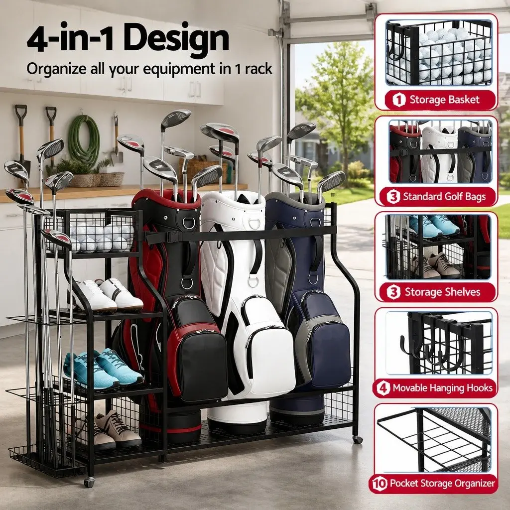 Golf Storage Organizer Black Metal 3 Bag Rack with Wheels Shelves Club Display Stand