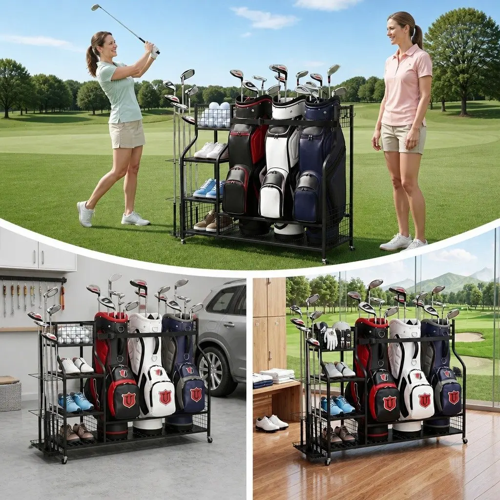 Golf Storage Organizer Black Metal 3 Bag Rack with Wheels Shelves Club Display Stand