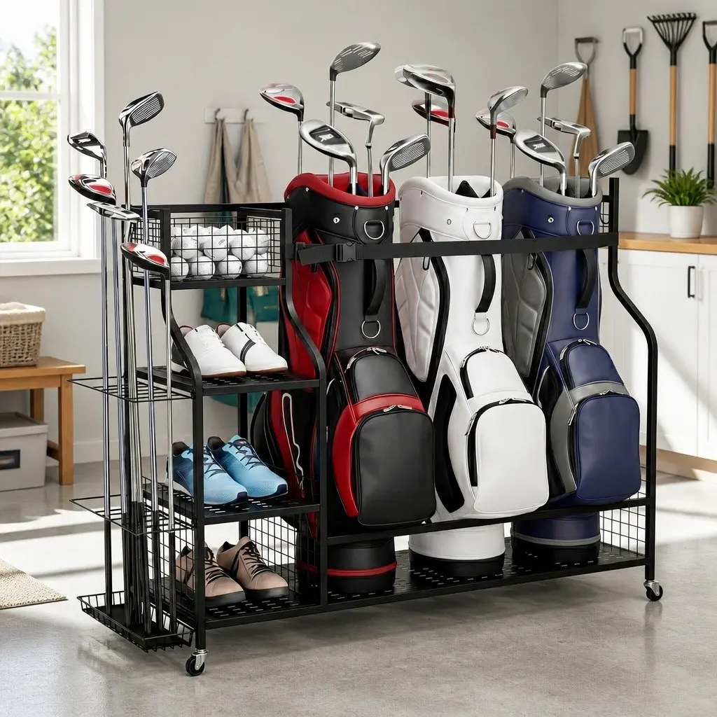 Golf Storage Organizer Black Metal 3 Bag Rack with Wheels Shelves Club Display Stand