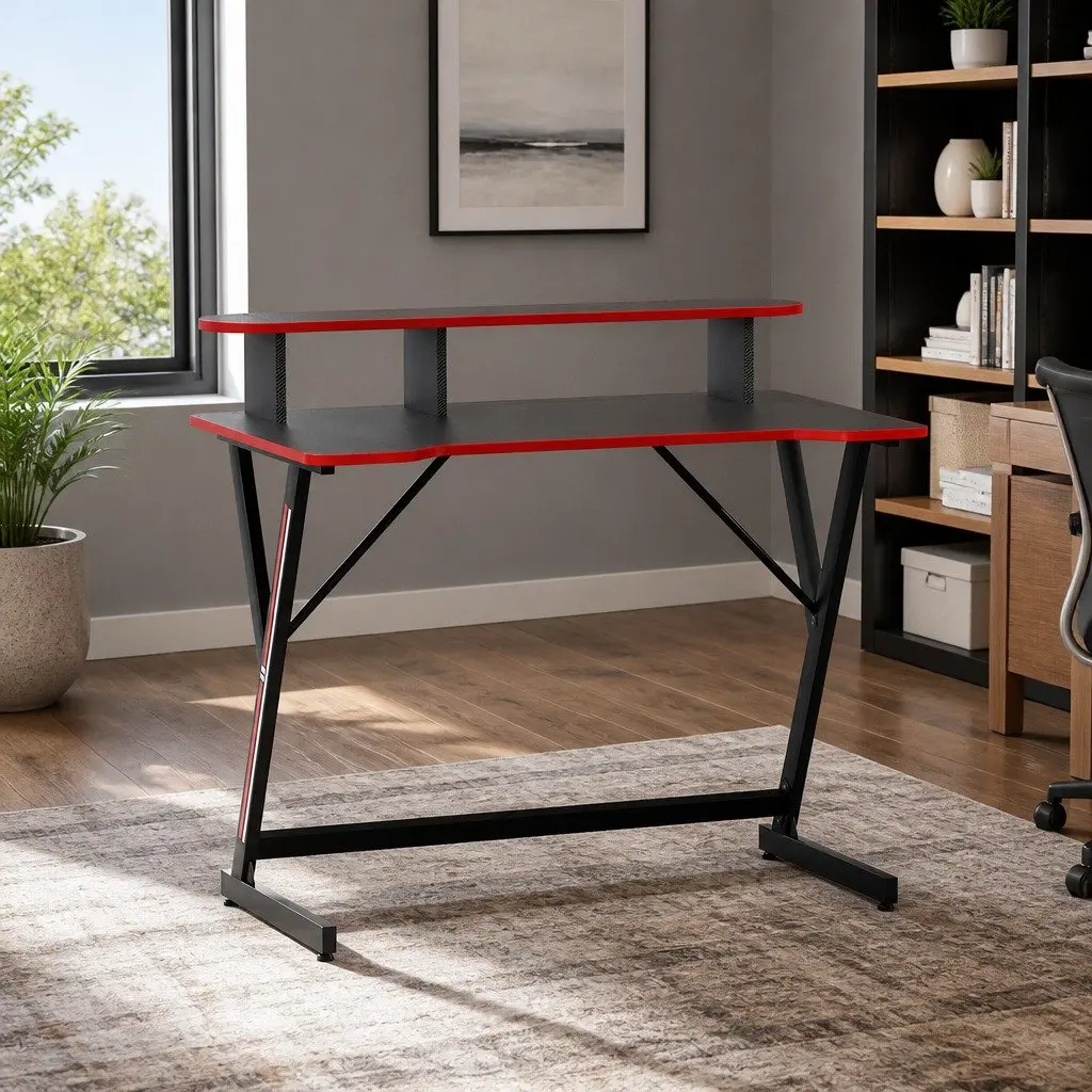 Gaming Desk Computer Workstation 100CM Black Y-Shaped Legs Two Tier