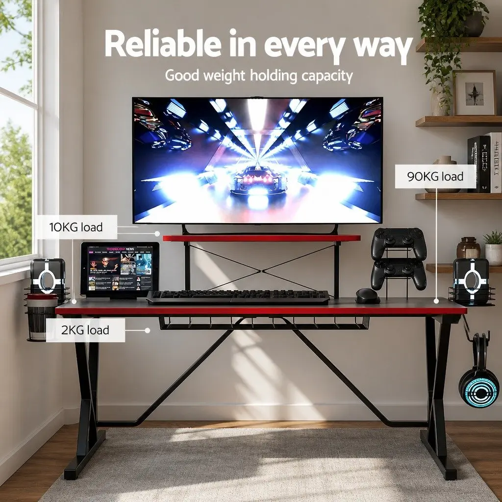 Gaming Desk Black 105CM Two-Tier Storage Headphone Hook Cup Holder