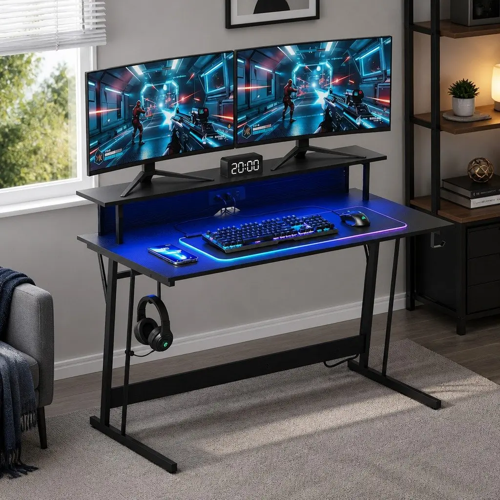 Gaming Desk with Power Options & LED Lights