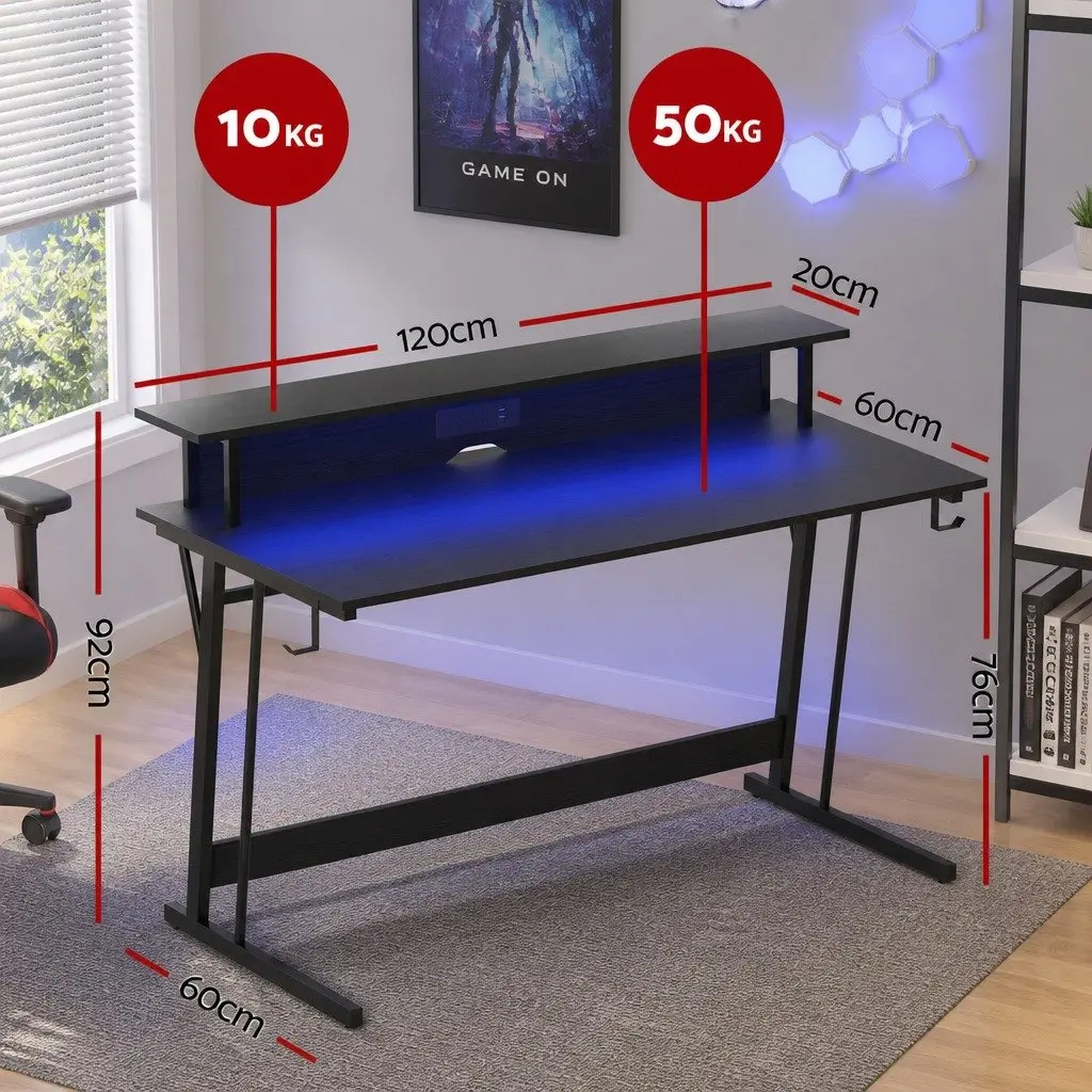 Gaming Desk Black 120cm Ergonomic Monitor Shelf Integrated Power Outlets RGB LED Lights