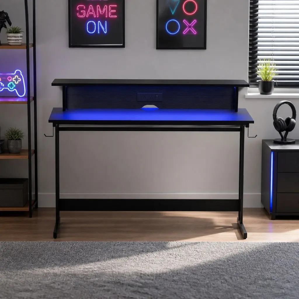 Gaming Desk Black 120cm Ergonomic Monitor Shelf Integrated Power Outlets RGB LED Lights