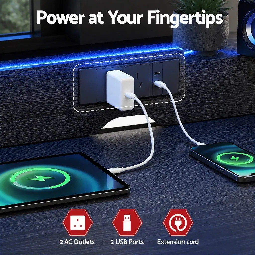 Gaming Desk Black 120cm Ergonomic Monitor Shelf Integrated Power Outlets RGB LED Lights