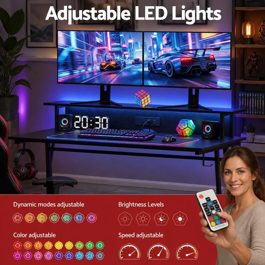 Gaming Desk Black 120cm Ergonomic Monitor Shelf Integrated Power Outlets RGB LED Lights