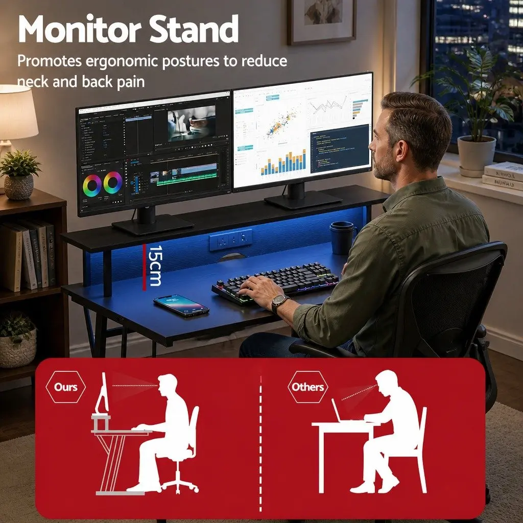 Gaming Desk Black 120cm Ergonomic Monitor Shelf Integrated Power Outlets RGB LED Lights
