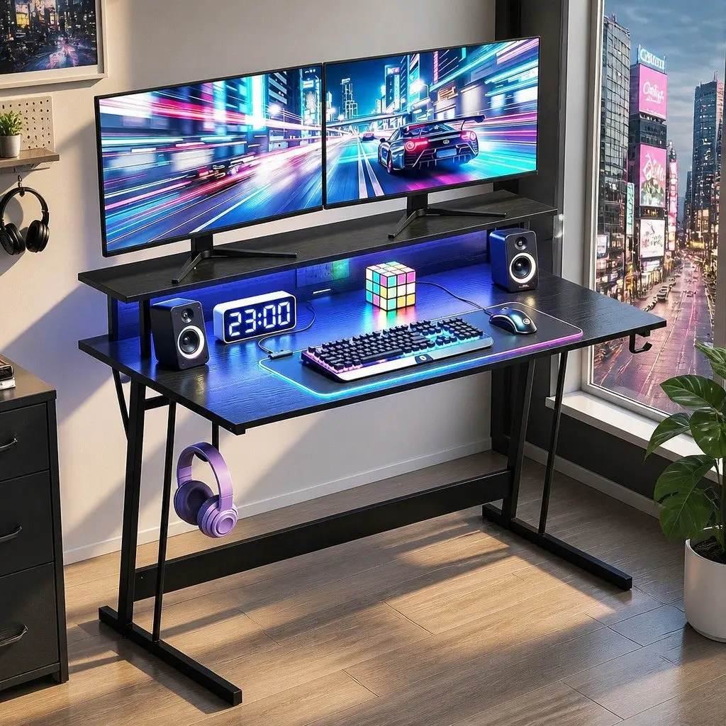 Gaming Desk Black 120cm Ergonomic Monitor Shelf Integrated Power Outlets RGB LED Lights