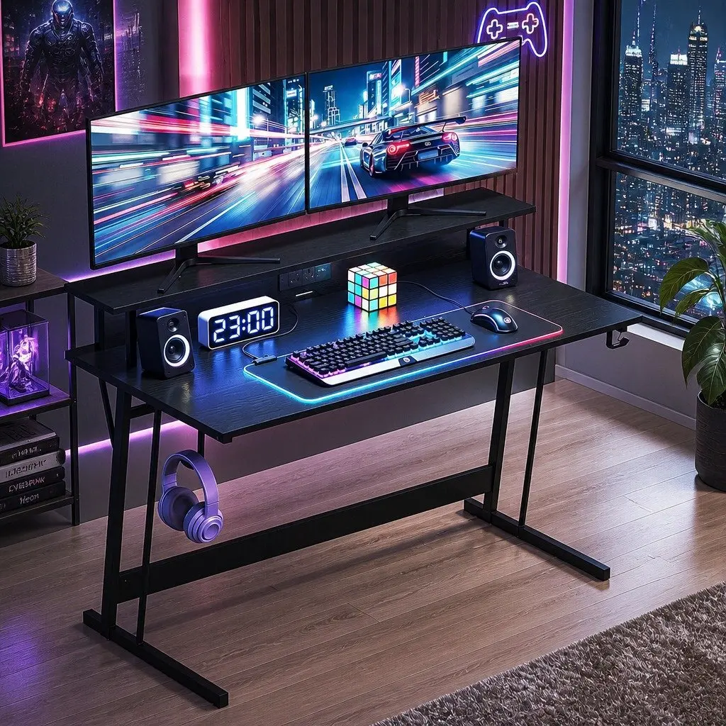 Gaming Desk Black 120cm Ergonomic Monitor Shelf Integrated Power Outlets RGB LED Lights
