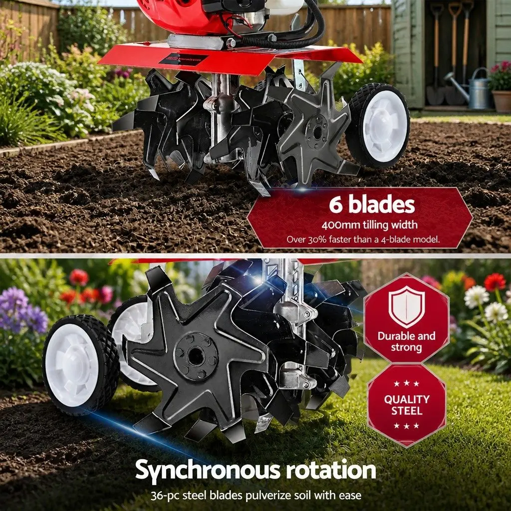 65CC Hand-Held Tiller Rototiller 6 Blades Garden Soil Cultivator Rotary Hoe