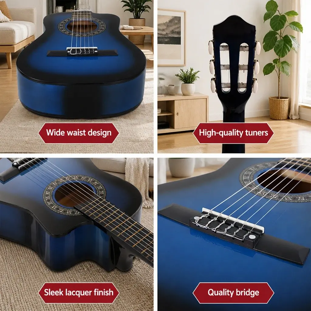 34 Inch Classical Guitar Blue Wooden Body Nylon String with Stand and Picks