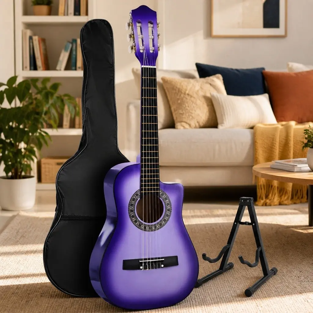 34 Inch Classical Guitar Purple Laminated Linden Body Beginner Portable with Stand