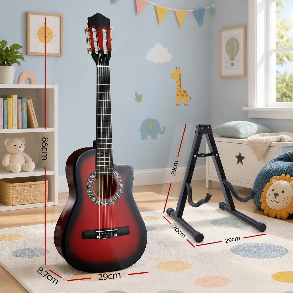 34 Inch Classical Guitar Red Wooden Body Nylon String Beginner with Stand and Picks