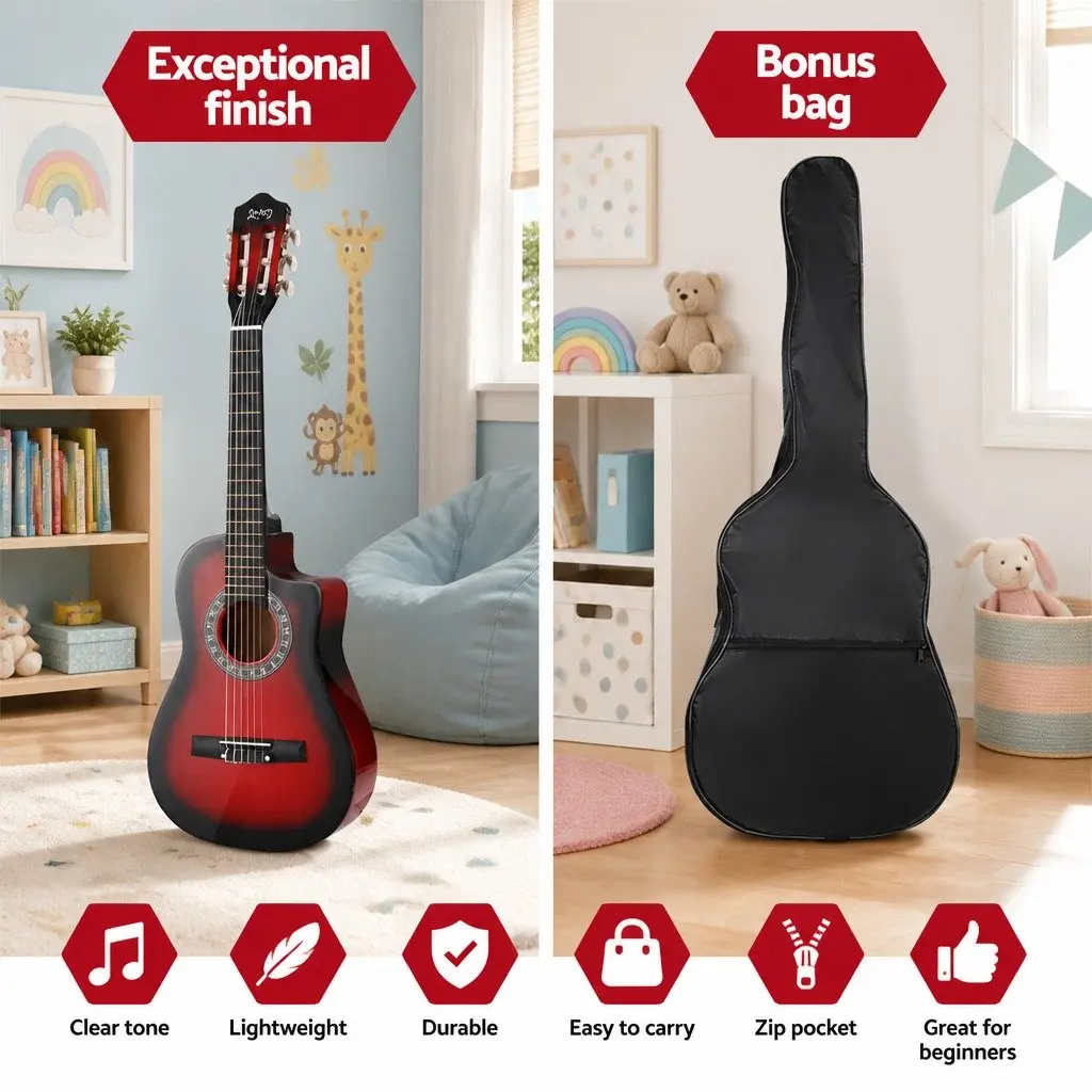 34 Inch Classical Guitar Red Wooden Body Nylon String Beginner with Stand and Picks