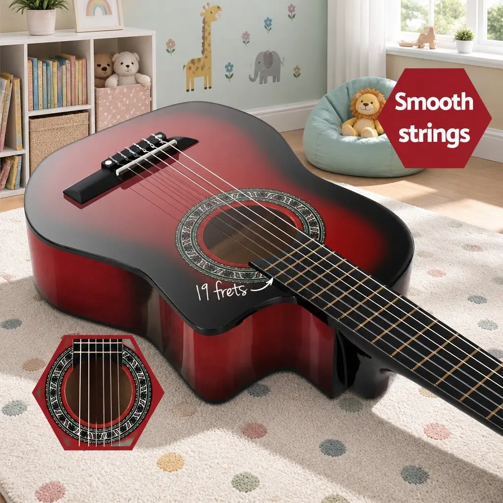 34 Inch Classical Guitar Red Wooden Body Nylon String Beginner with Stand and Picks
